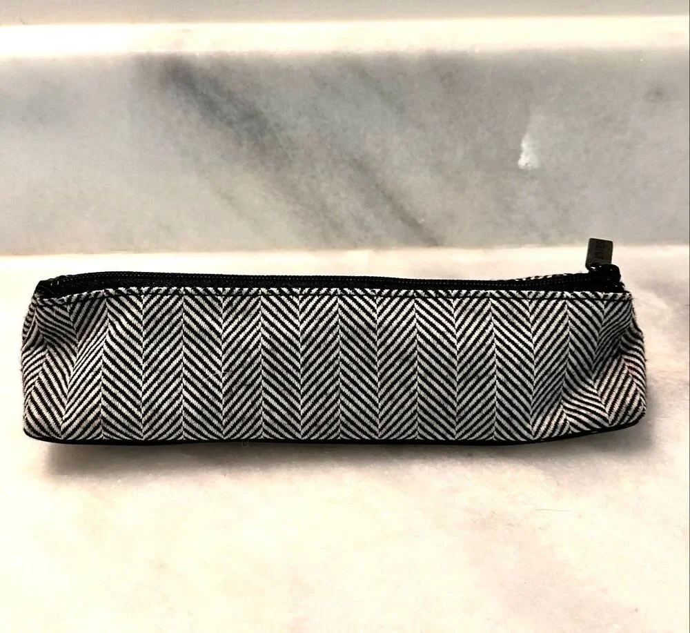 Estee Lauder Herringbone Print Long Makeup Cosmetic or Pencil Pouch Black White